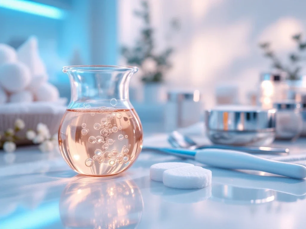 Glazen beker met chemische peeling oplossing in professionele spa behandelkamer met medische instrumenten