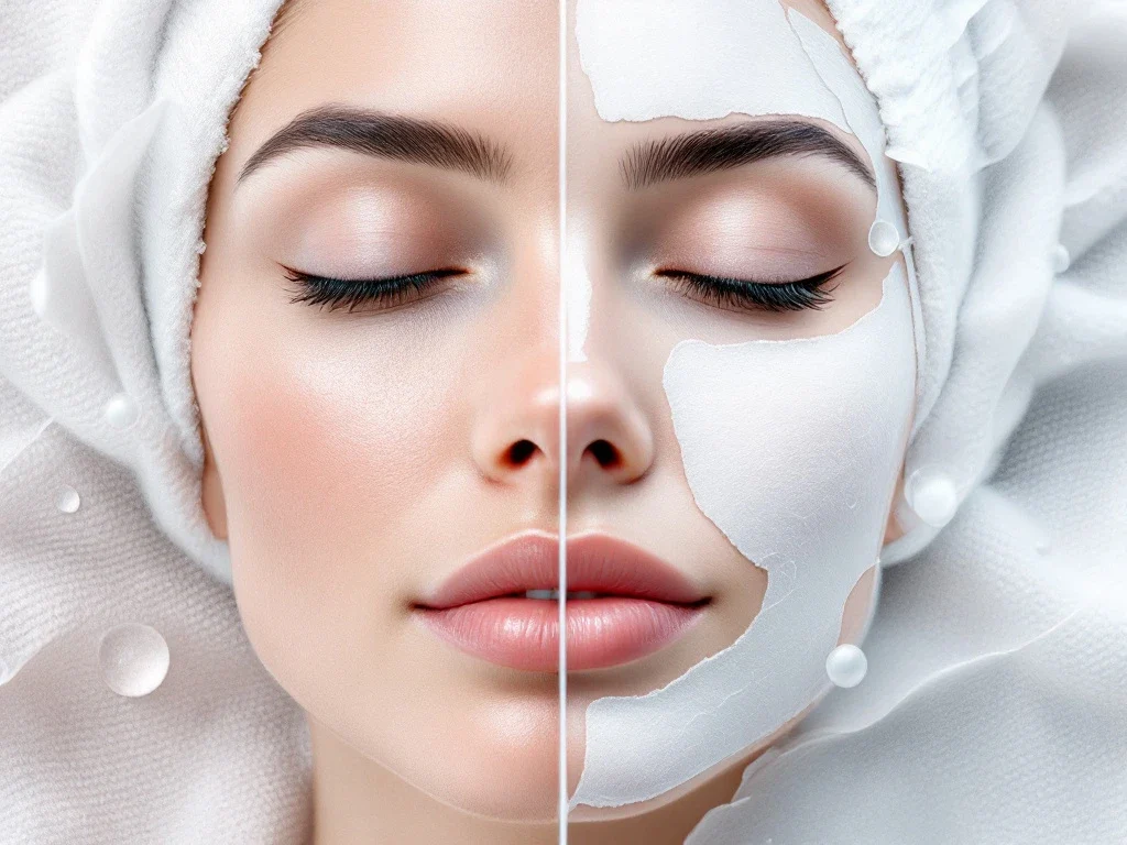 Huidherstel na chemische peeling: half vernieuwde huid, half afschilferend, met serumdruppels op medische achtergrond