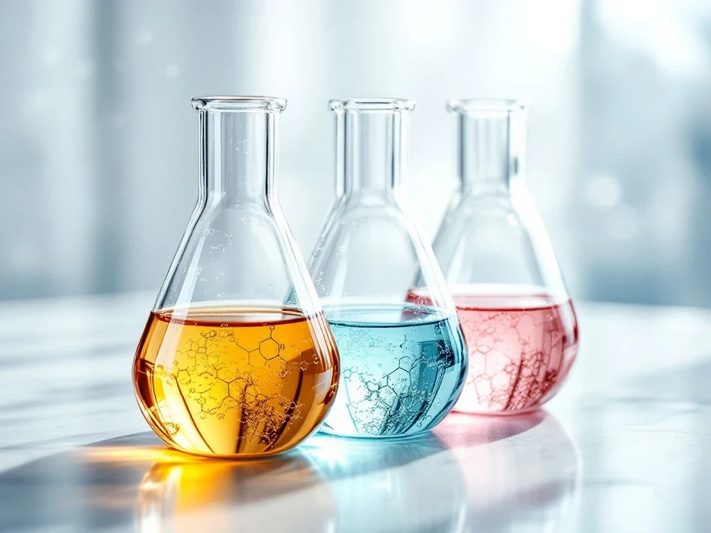 Drie laboratoriumbekers met chemische peelingoplossingen in amber, helder en roze op witte medische ondergrond