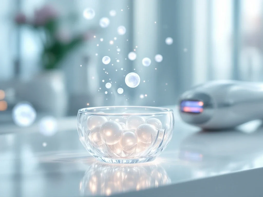 Gloeiende collageen bollen in petrischaal met geavanceerde huidverzorgingsapparatuur in medische kliniek achtergrond