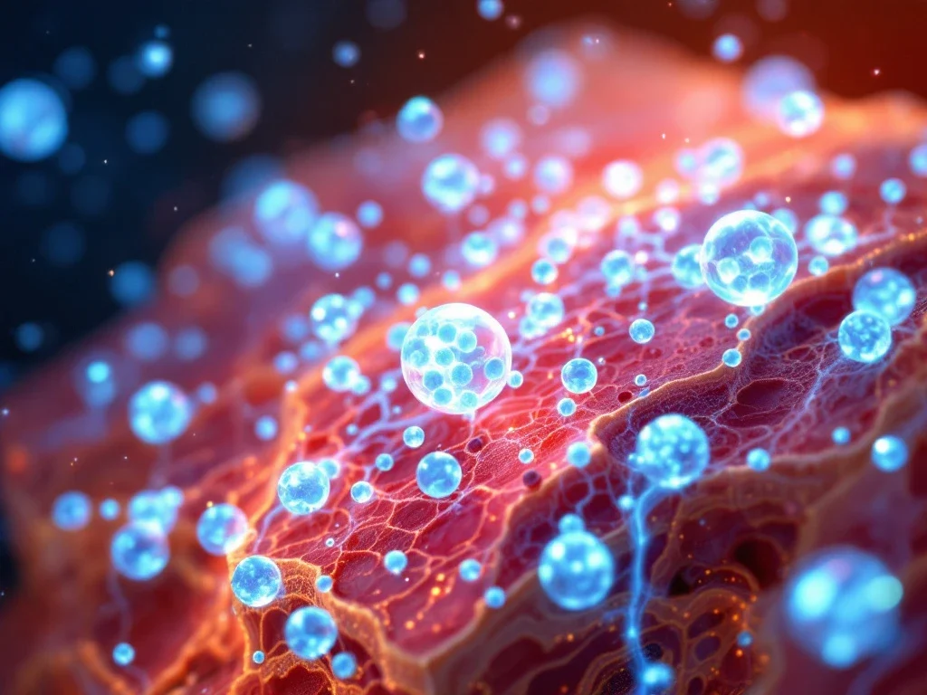 Dwarsdoorsnede van huidlagen met gloeiende exosomen die celcommunicatie en huidverjonging illustreren in medische kwaliteit