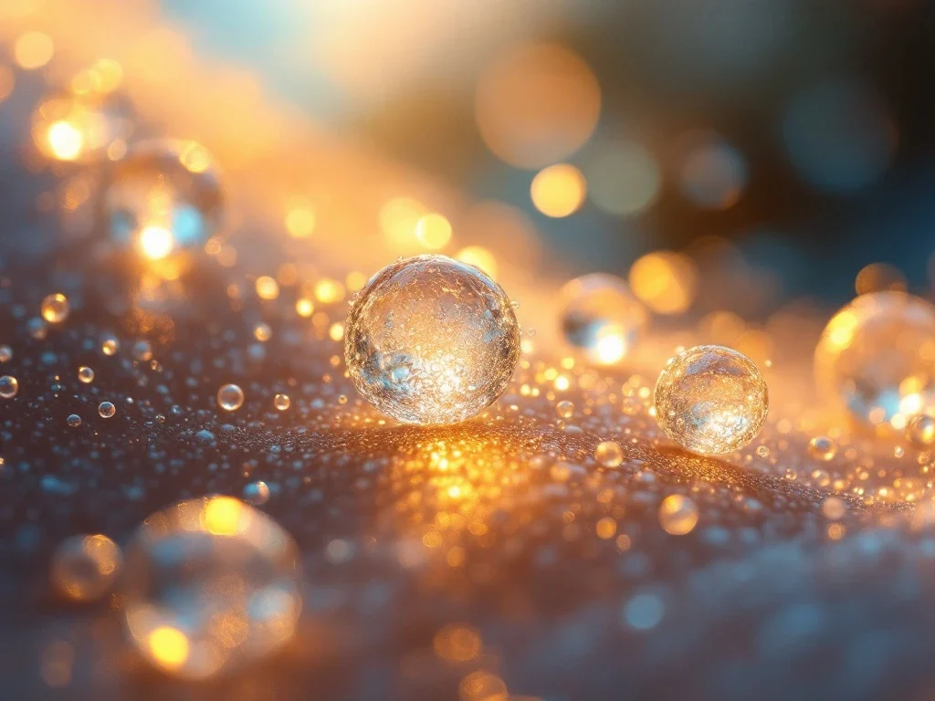 Microscopische exosomen als glimmende parelachtige vesikels op gehydrateerde huid met gouden verlichting