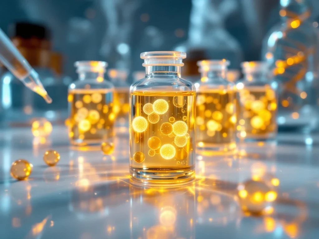 Glazen laboratoriumflesjes met gouden serum en exosomen op wit oppervlak, omringd door pipetten en DNA-structuren