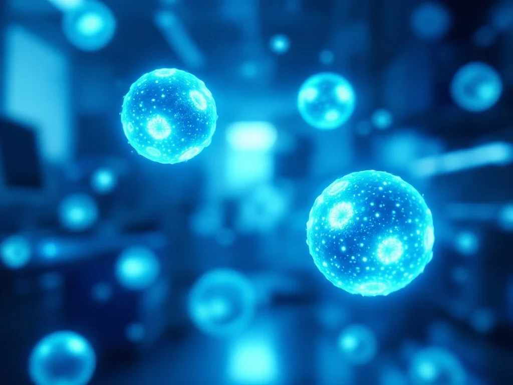 Luminescente exosomen met blauwe gloed in steriele laboratoriumomgeving voor medisch onderzoek