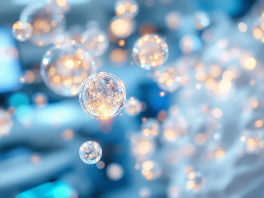 Gouden exosoom deeltjes drijvend in heldere medische oplossing met geavanceerde laboratoriumpapparatuur op achtergrond