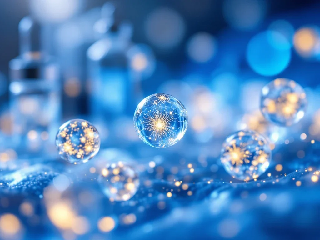 Luminescente exosomen drijvend in blauwe medische oplossing met microneedling apparatuur op laboratorium achtergrond