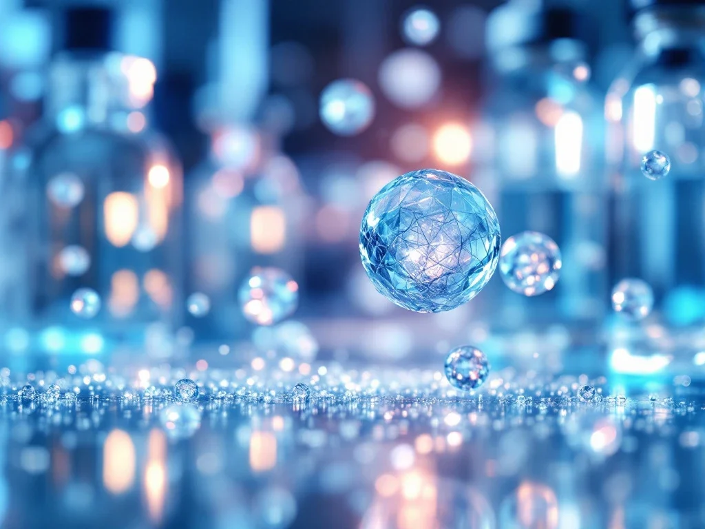 Microscopische exosomen drijvend in steriele laboratoriumomgeving met medische apparatuur op achtergrond