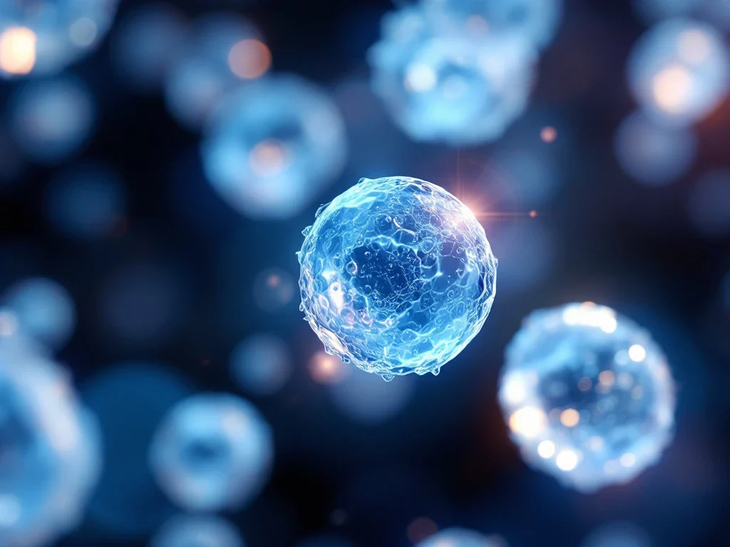 Microscopische weergave van exosomen als doorschijnende bolvormige deeltjes in blauw cellulaire omgeving