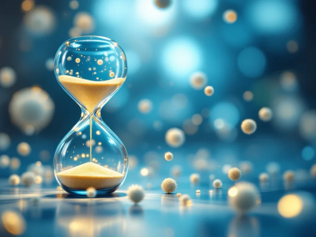 Microscopische exosomen in blauw verlichte laboratoriumomgeving met zandloper op achtergrond voor longevity onderzoek