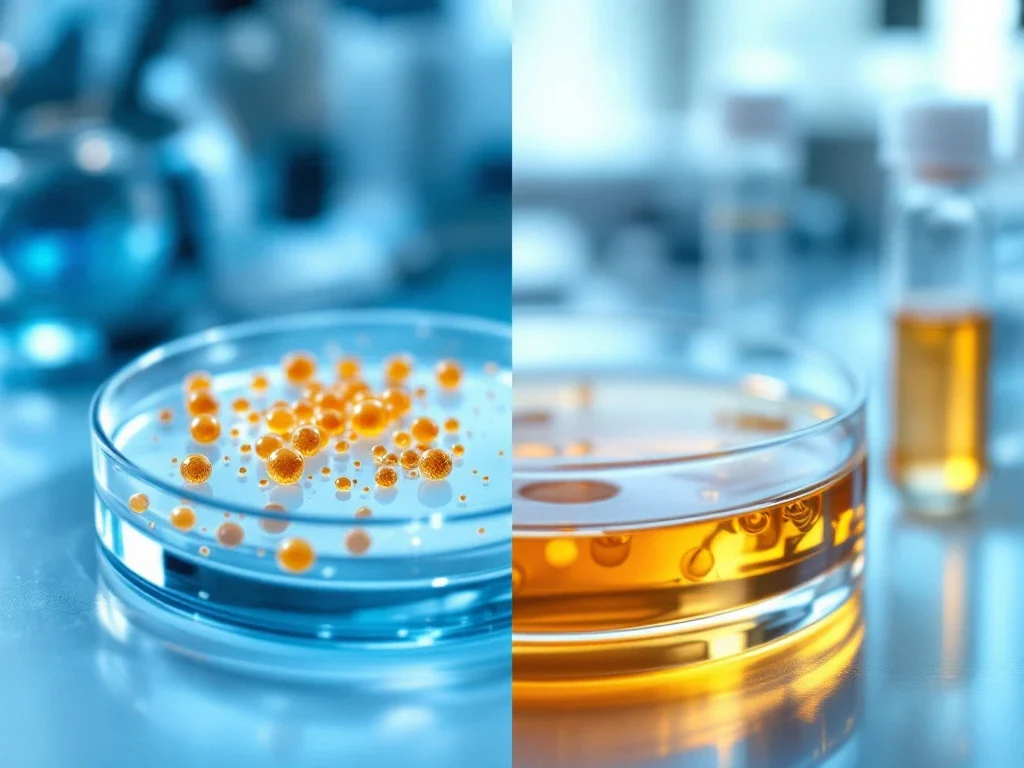 Medische vergelijking van gouden exosomen in petrischaal en amber PRP in centrifugebuis op witte laboratoriumachtergrond