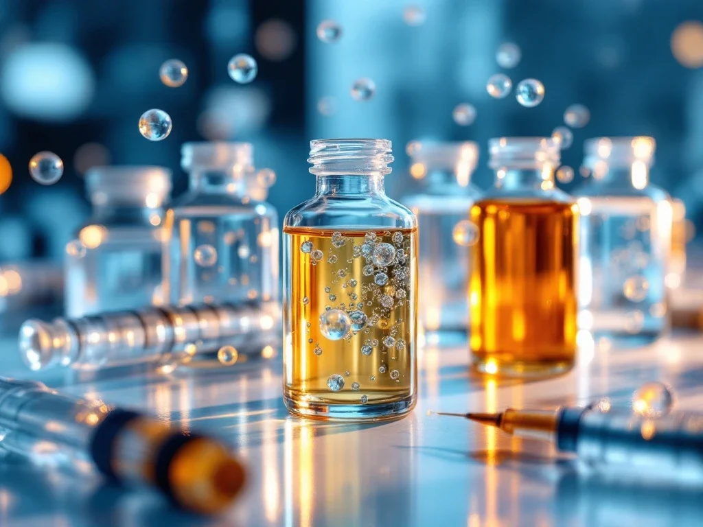 Microscopische exosomen als parelachtige bollen naast medische flacons met serums en injectiespuiten in laboratorium