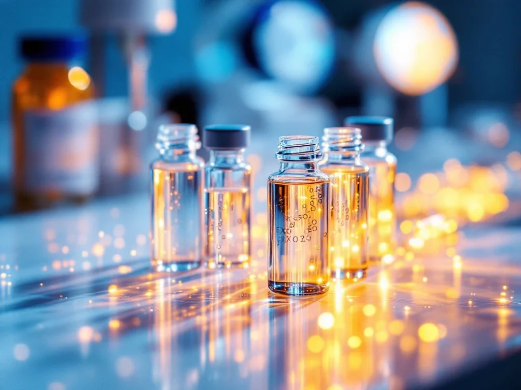 Laboratoriumflacons met luminescente exosoom oplossingen op steriele medische ondergrond met LED-verlichting