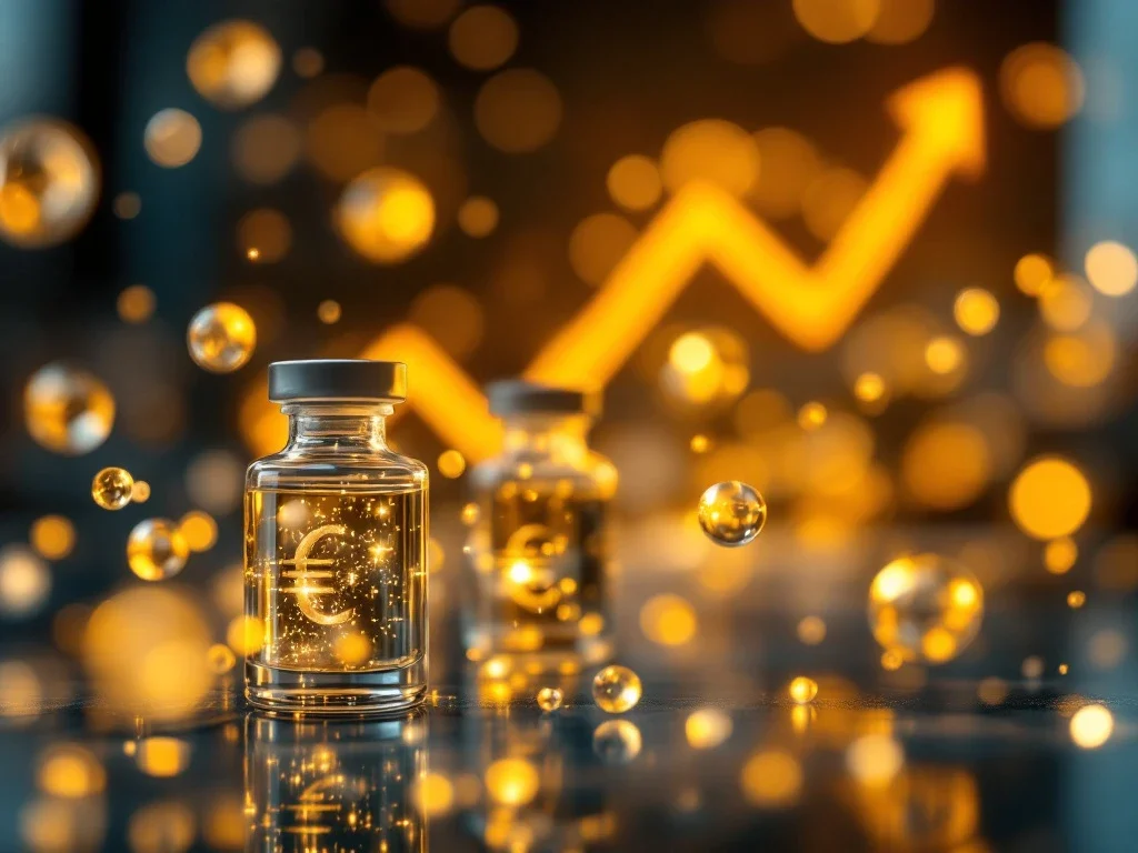 Exosoom deeltjes en medische flesjes met serum in laboratorium met gouden verlichting en financiële groei elementen