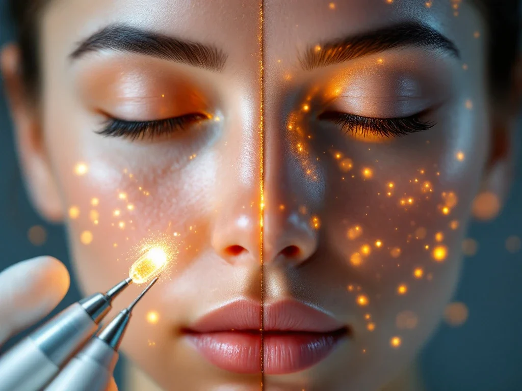 Huidtextuur vergelijking: gezonde huid versus huid met acne en rimpels, met esthetische behandelapparatuur op voorgrond