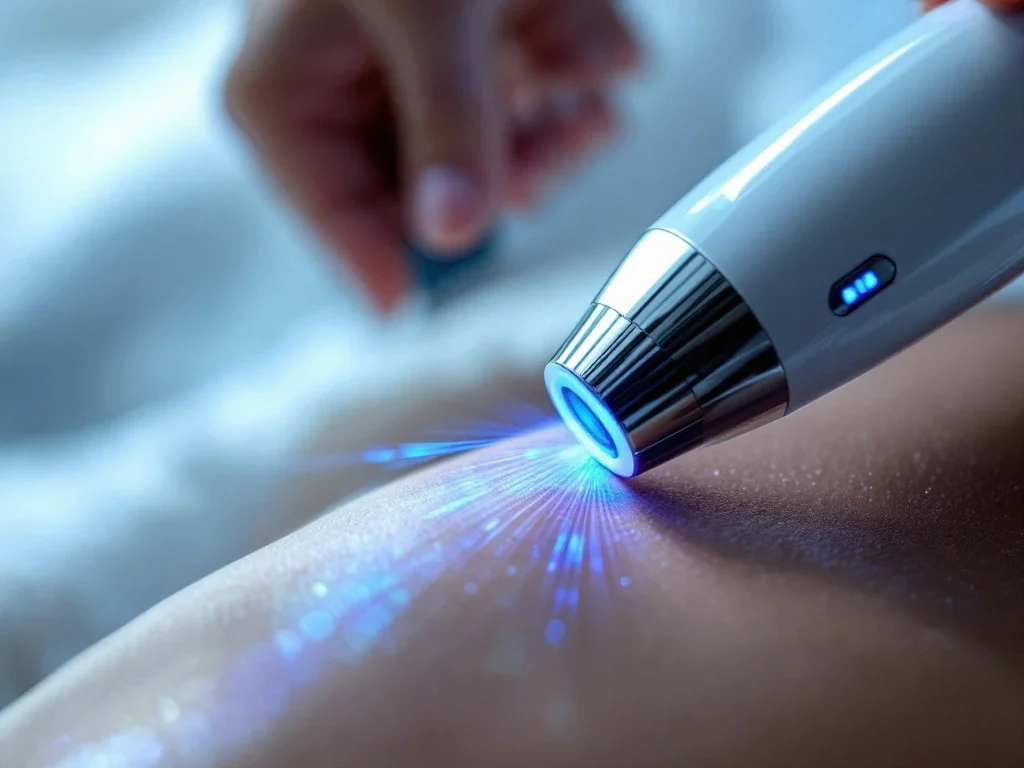 IPL laserapparaat met blauwe LED-indicatoren zendt lichtpulsen uit op gladde huid in steriele behandelomgeving