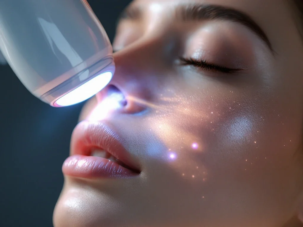 Close-up van gladde huid tijdens IPL-behandeling met blauw-wit licht van handstuk tegen medische achtergrond