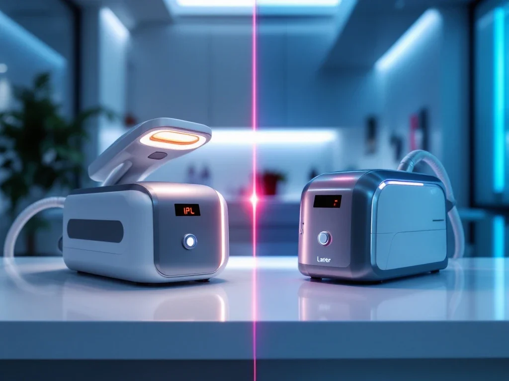 IPL- en laserapparaten op medische behandeltafel in moderne esthetische kliniek met professionele verlichting