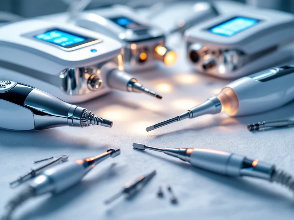 Geavanceerde medische esthetische apparatuur met LED-displays en handstukken op witte ondergrond in professionele setting