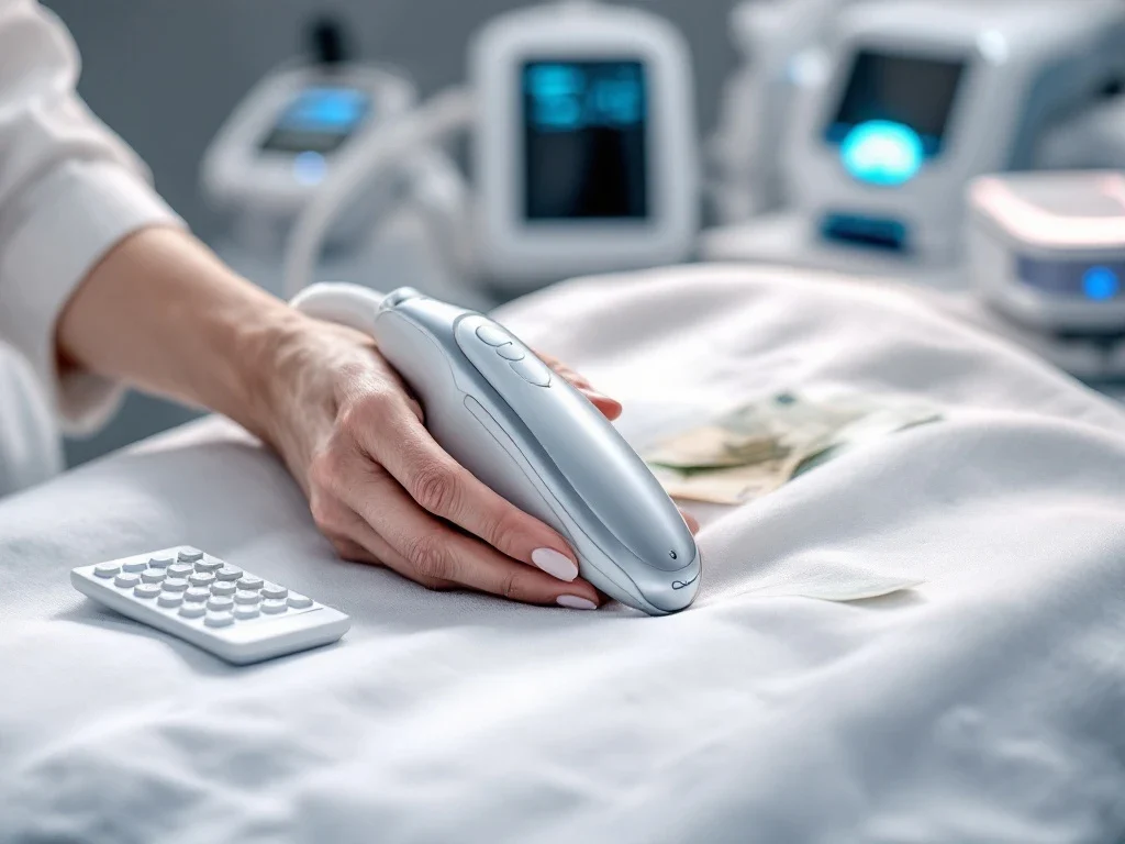 Handen houden medisch esthetisch apparaat boven behandeltafel met laser equipment en euro bankbiljetten op achtergrond