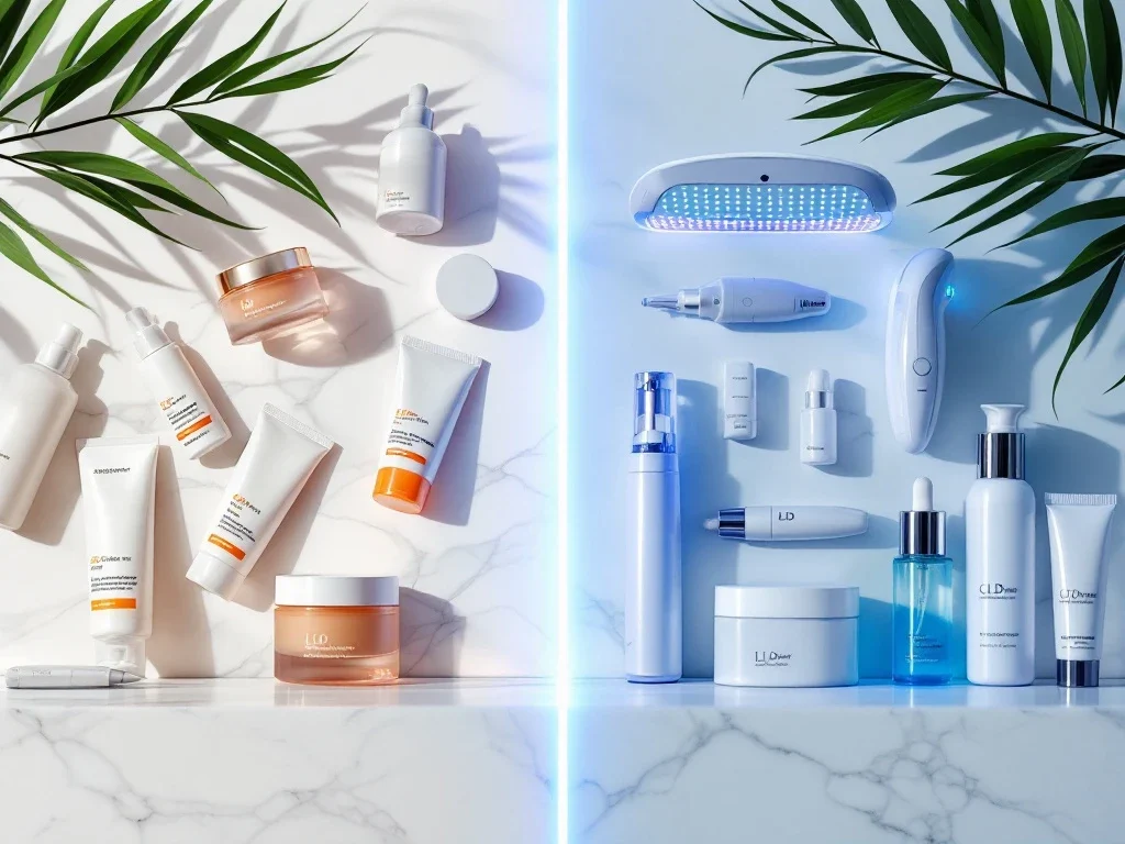 Vergelijking van basis huidverzorgingsproducten en geavanceerde medische esthetische apparatuur in split-screen compositie