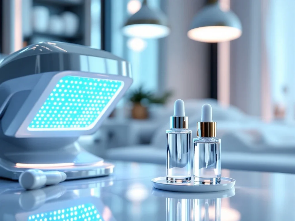Moderne medische esthetiek kliniek met geavanceerde huidverzorging apparatuur, LED-therapie en luxe behandelruimte