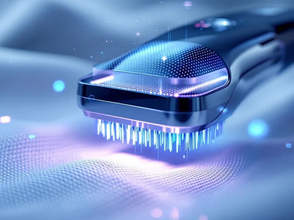 RF-microneedling apparaat met metalen naalden en blauwe elektrische energie op medische ondergrond