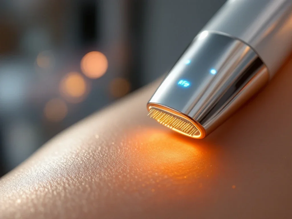 RF-microneedling apparaat met gouden micro-naalden en blauwe LED-indicatoren boven huidoppervlak in kliniek