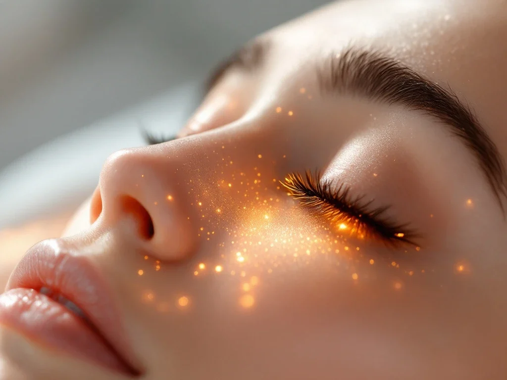 RF-microneedling apparaat met gouden naaldpunten boven gladde, stralende huid op witte medische achtergrond