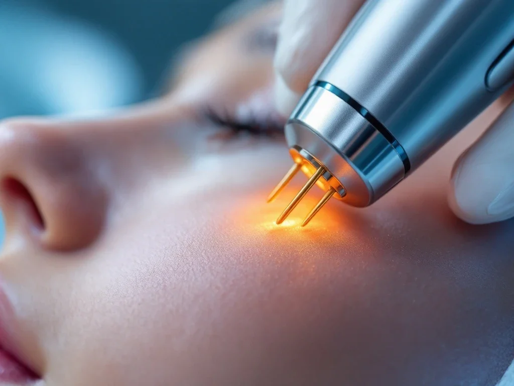 RF-microneedling apparaat met gouden naaldpunten op gladde huid in professionele klinische omgeving