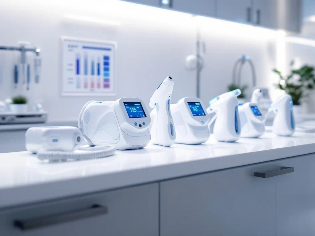 RF-microneedling apparaten op witte medische balie in steriele kliniek met LED-displays en vergelijkingsgrafiek