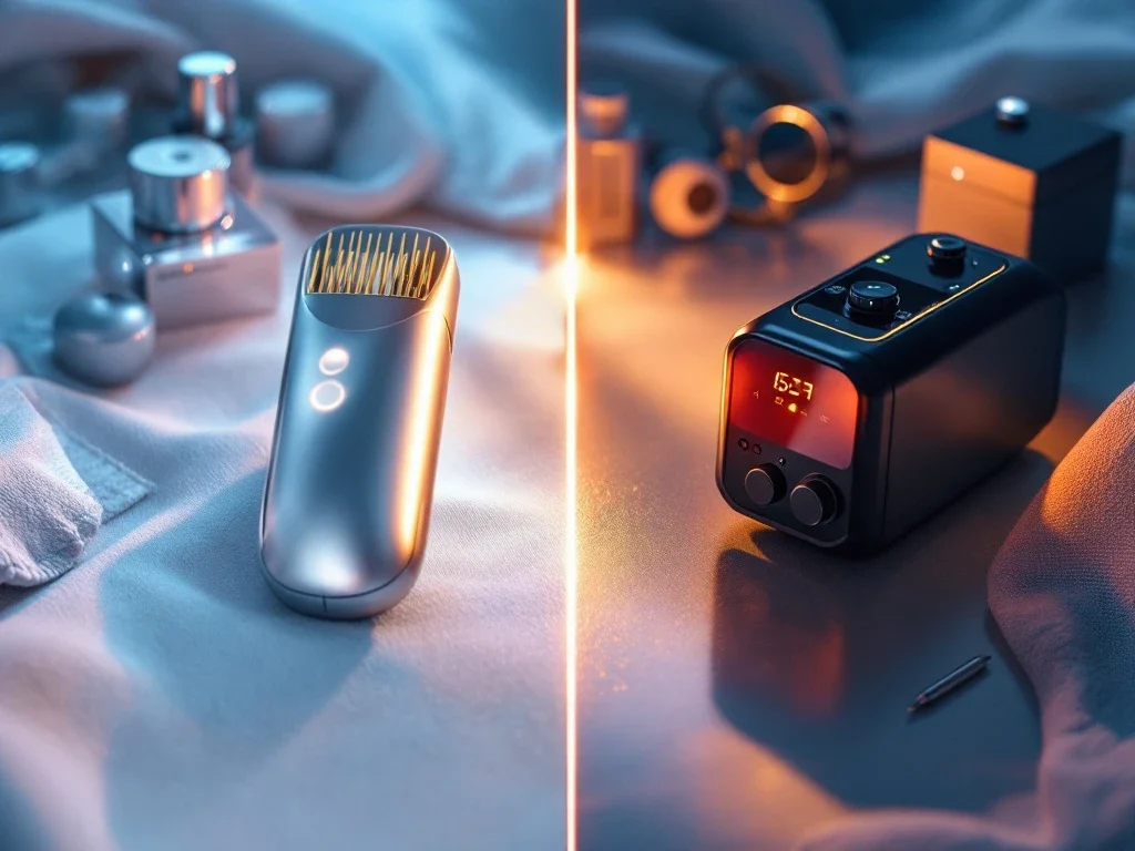 Twee geavanceerde RF-microneedling apparaten op medisch oppervlak: zilver met gouden tips links, zwart rechts