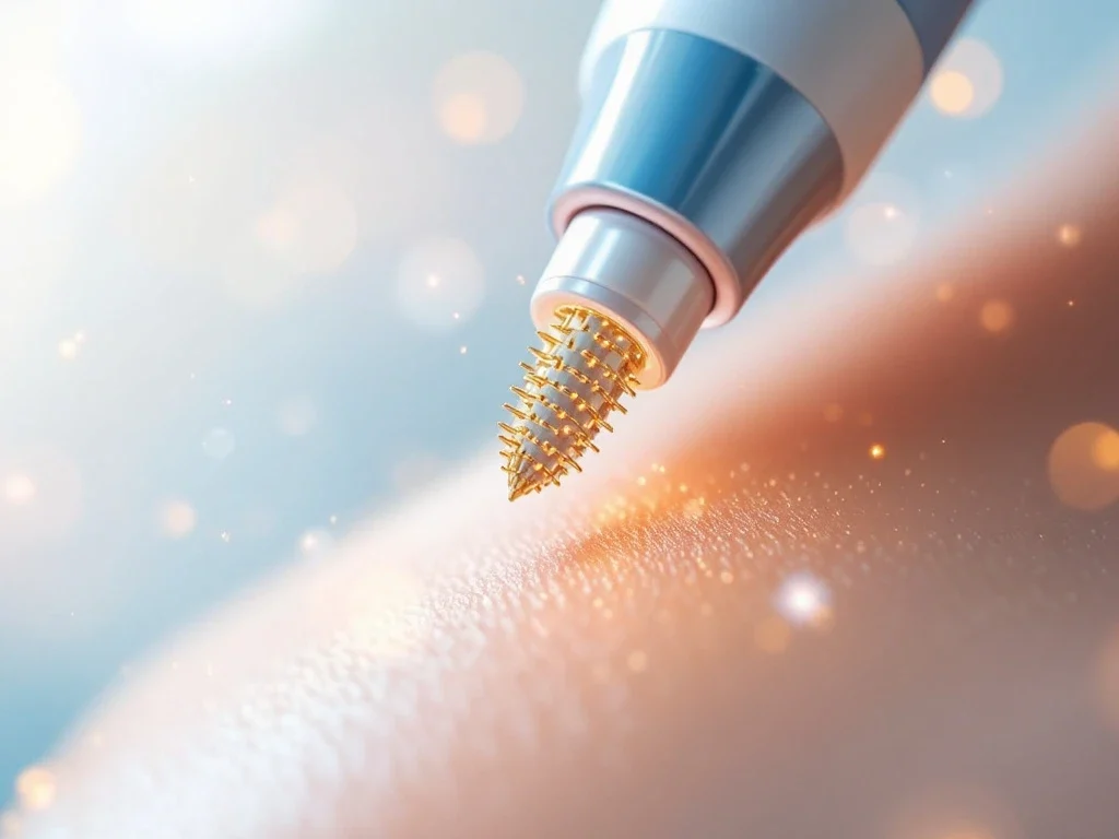 RF-microneedling apparaat met gouden naaldjes boven huid, toont genezingsproces van behandeling tot herstel