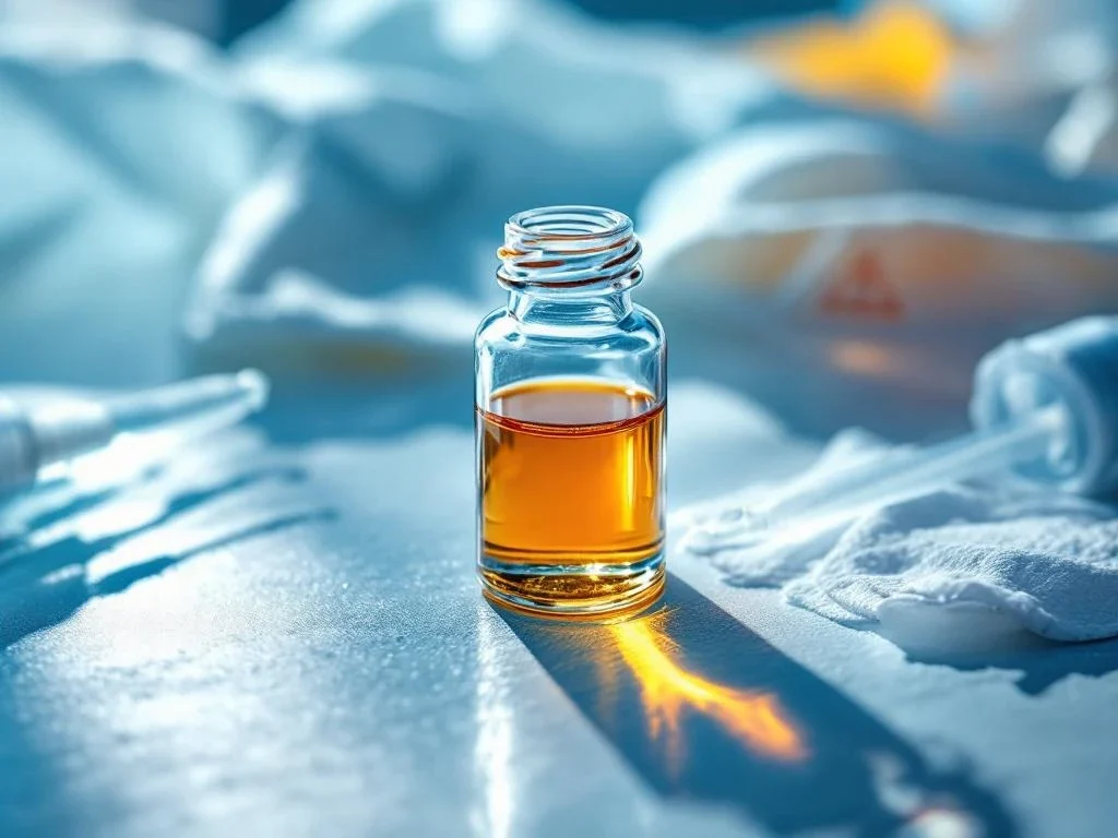 Glazen flacon met amberkleurige chemische peeling oplossing op steriele medische ondergrond met druppelaar en gaasjes