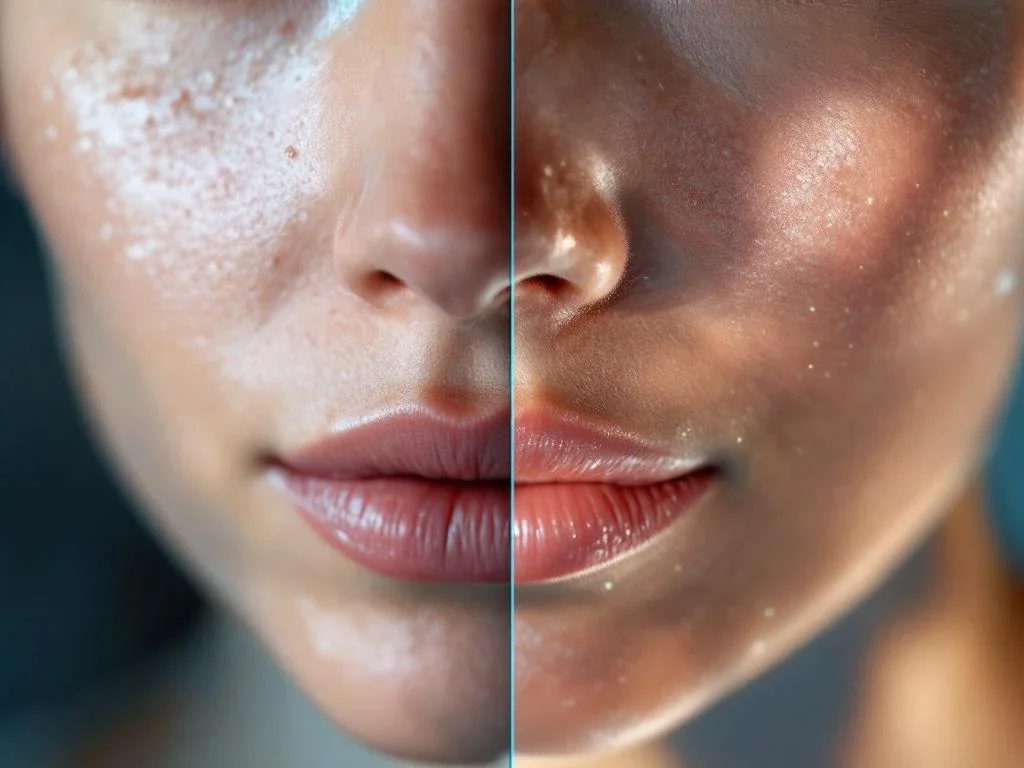 Huid voor en na chemische peeling behandeling toont verbetering van littekens, pigmentatie en textuur