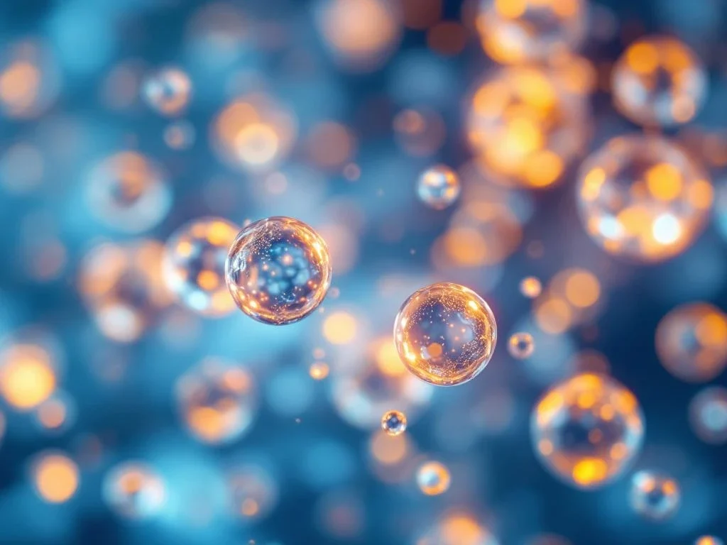 Bioluminescente exosomen drijvend in medische oplossing met blauwe en amberkleurige gloed in laboratorium