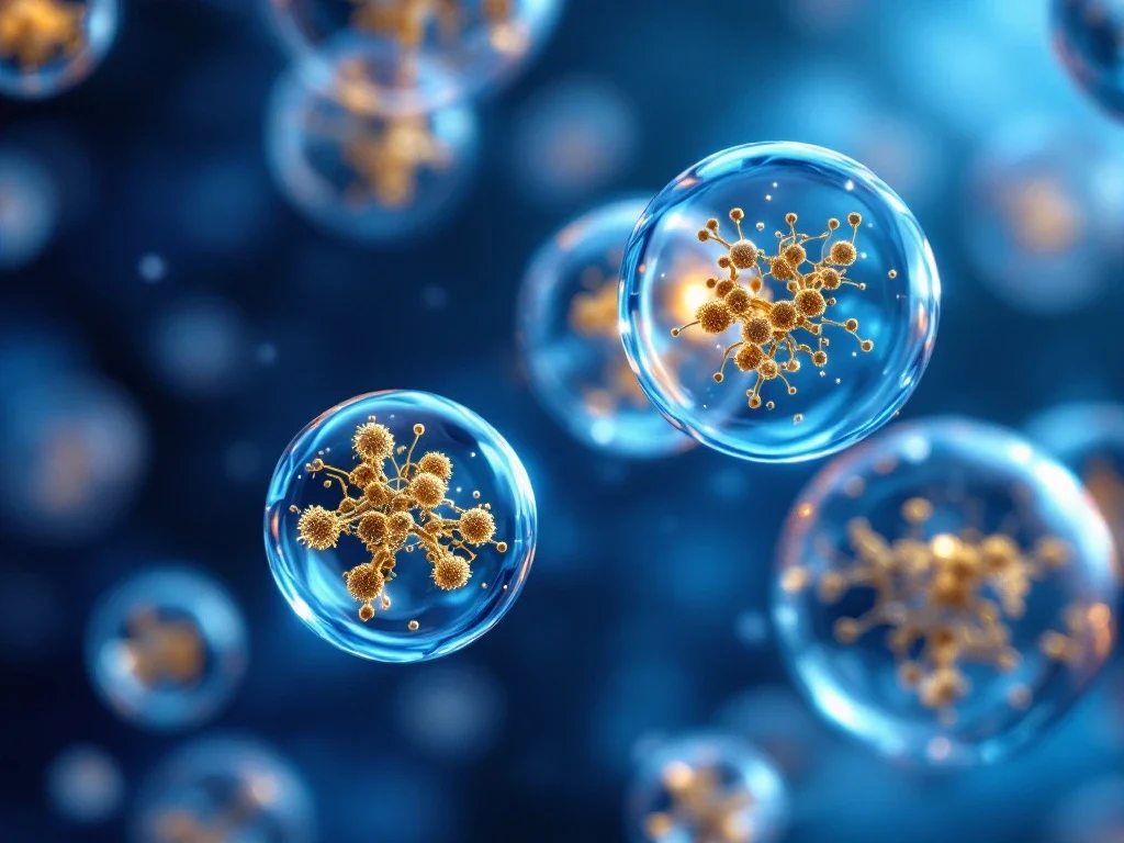 Cellulaire exosomen als doorschijnende vesikels met gouden moleculaire structuren in blauw intercellulaire ruimte