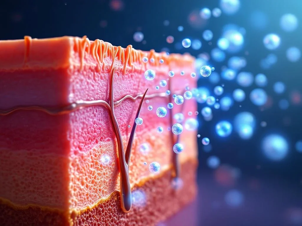 Dwarsdoorsnede van huidlagen met gloeiende exosomen die cellulaire communicatie en regeneratie tussen cellen tonen