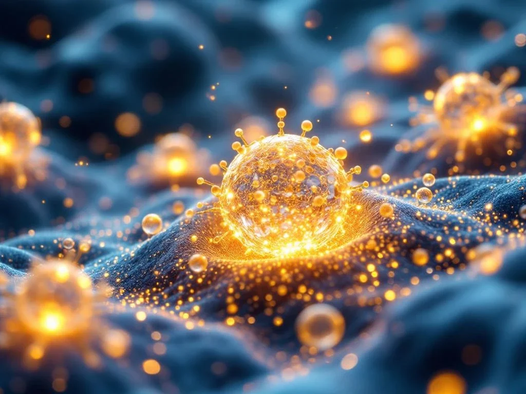 Luminescente exosomen vormen beschermende barrière rond gezonde huidcellen tegen kankercellen in medische visualisatie