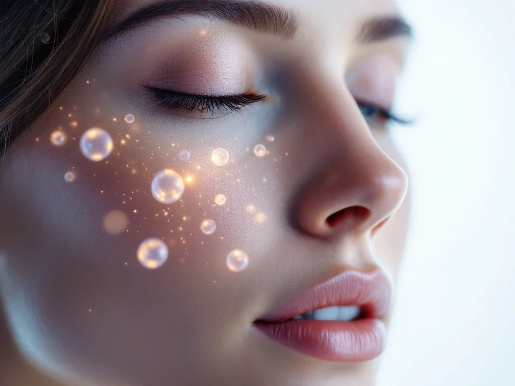 Gladde, jeugdige huid met gloeiende exosomen die anti-aging transformatie tonen in medische close-up