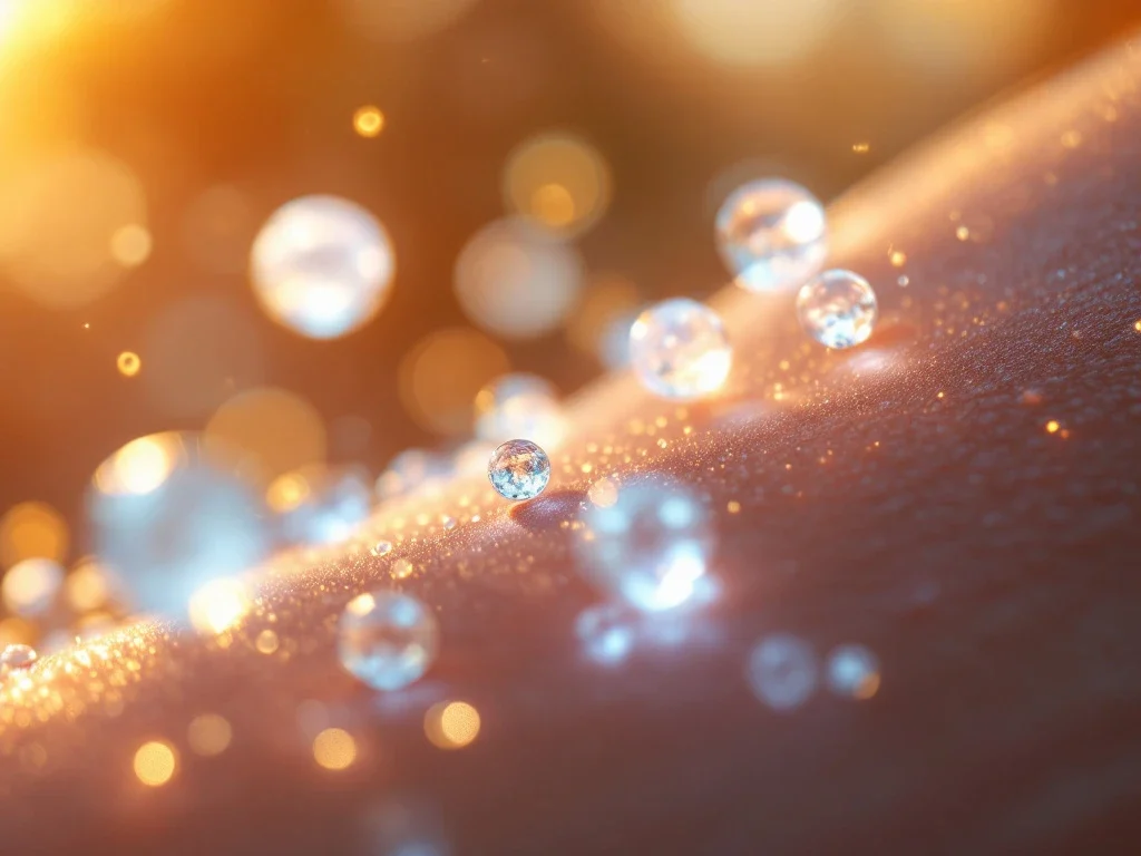 Gezonde huid in close-up met gloeiende exosomen deeltjes die regeneratie en anti-aging behandeling visualiseren