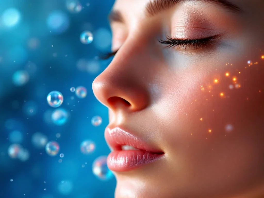 Gezonde huid met zwevende exosomen die heling tonen van ontstoken naar stralende teint, geavanceerde huidverzorgingstechnologie