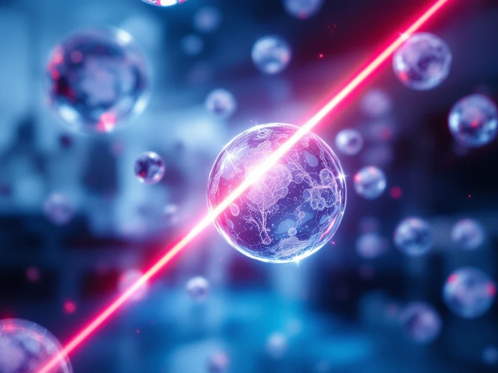 Luminescente exosomen als gloeiende microscopische bollen met rode laserstraal in steriele laboratoriumomgeving