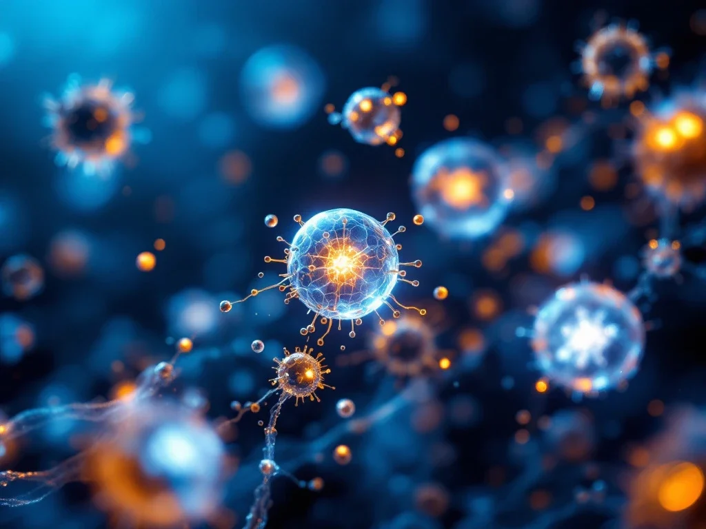 Luminescente exosomen omringd door gouden immuuncellen in blauwe cellulaire omgeving, microscopische medische visualisatie