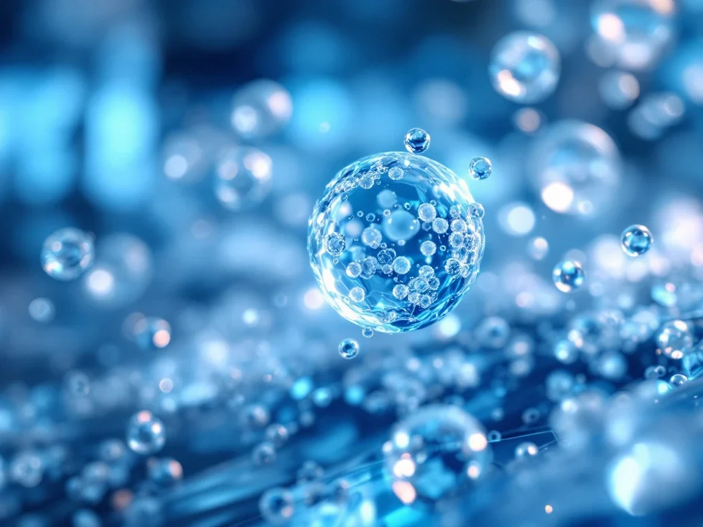 Transparante exosomen in medische oplossing met laboratoriumapparatuur op achtergrond voor gepersonaliseerde behandeling