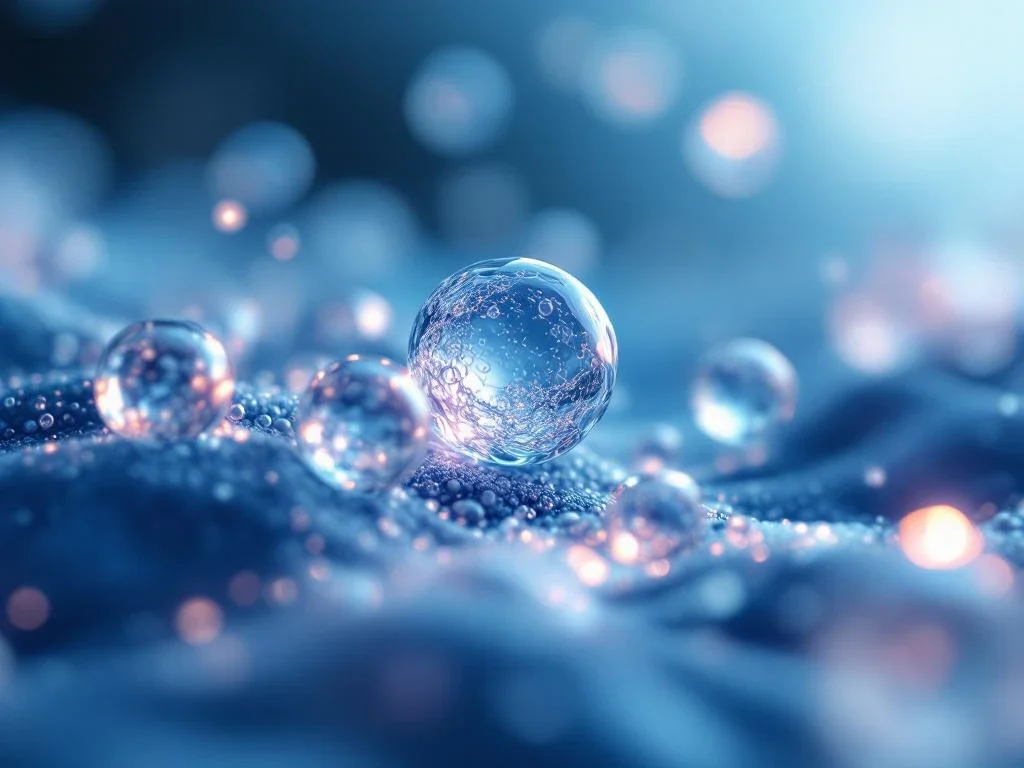 Microscopische exosomen drijven in cellulaire vloeistof, doorzichtige bolvormige structuren in medisch laboratorium