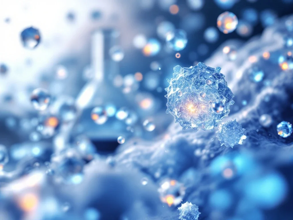 Microscopische exosomen met bioluminescente gloed in klinisch laboratorium met wetenschappelijke apparatuur op achtergrond