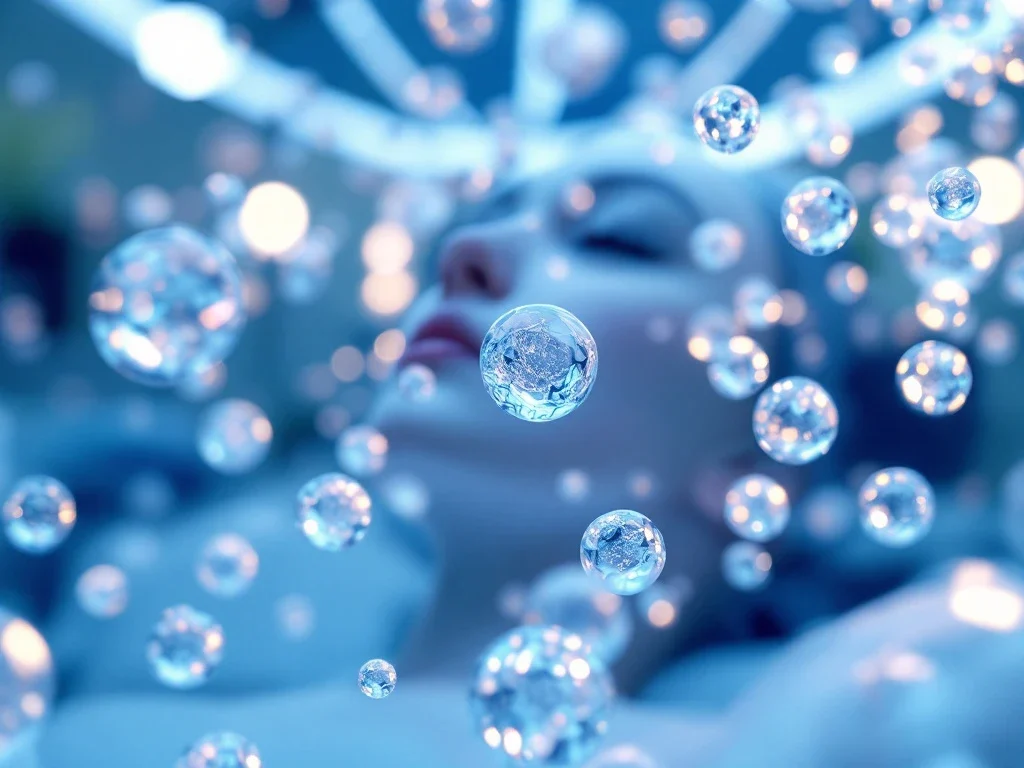 Microscopische exosomen als parelachtige bolvormige structuren in blauw verlichte medische kliniek omgeving