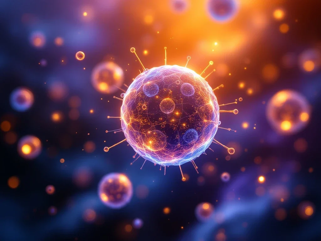 Microscopische exosomen drijvend in cellulaire omgeving met DNA-strengen en gouden lichtstralen voor regeneratieve therapie