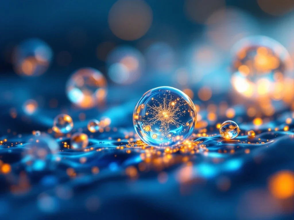 Luminescente exosomen zweven in blauw serum met gouden regeneratiepartikels, microscopische close-up voor medische esthetiek