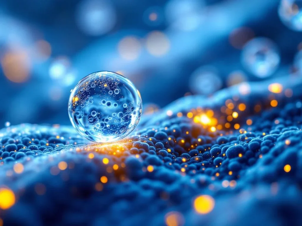 Microscopische exosomen in blauw cellulaire omgeving met helende huidweefsel en gouden regeneratiepunten op achtergrond